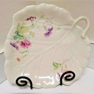 Toyo Porcelain Serving Dish Morning Glory Leaf Shaped with Pink & Purple Flowers